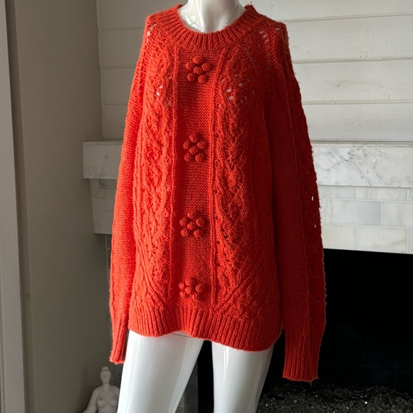 J. Crew Orange Pointelle Cable Knit Alpaca Wool Blend Crewneck Sweater Size XL - Picture 2 of 11